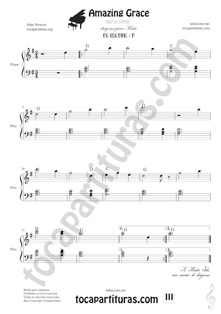  Amazing Grace Partitura de Piano en Fa Mayor Easy Sheet Music for Piano in F