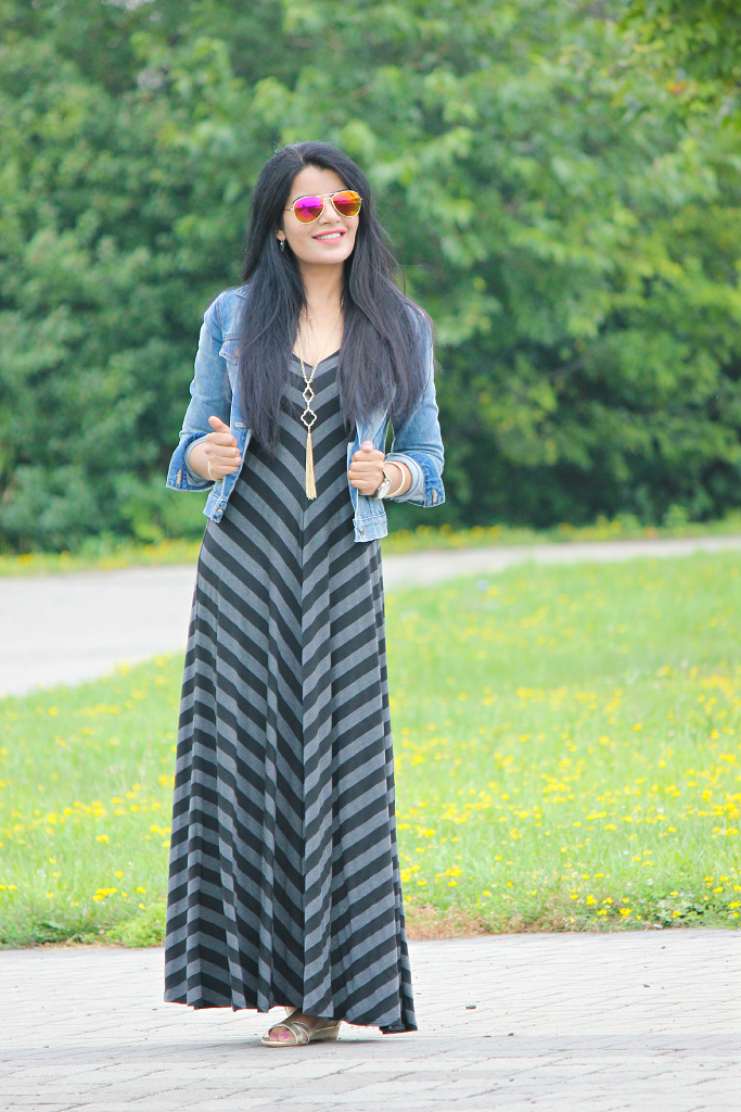 Striped Maxi Look, Jersey Knit Maxi Dress, Gap Denim Jacket Review, Summer Maxi Outfit Ideas