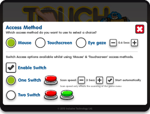 HelpKidz Learn screenshot of various access methods. Mouse, Touchscreen, Eye gaze or Switch access options.