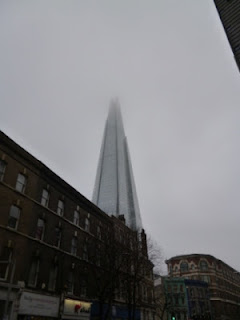 A photo of the Shard shrouded in fog. Viewed from Tooley Street