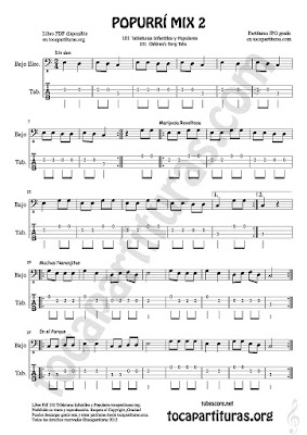 Mix 2 Tablatura y Partitura de Bajo Eléctrico (4 cuerdas) Popurrí Mix 2 Din Don, Mariposa Revoltosa, Muchas Naranjitas Tablature Sheet Music for Electric Bass Music Score Tabs