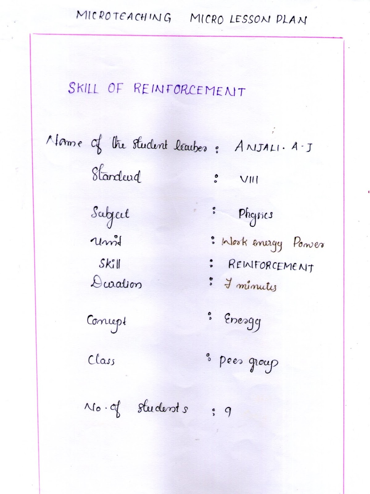 ANJALI A J MICROTEACHING LESSON PLAN SKILL OF REINFORCEMENT anjali-a-j-microteaching-lesson-plan-skill-of-reinforcement