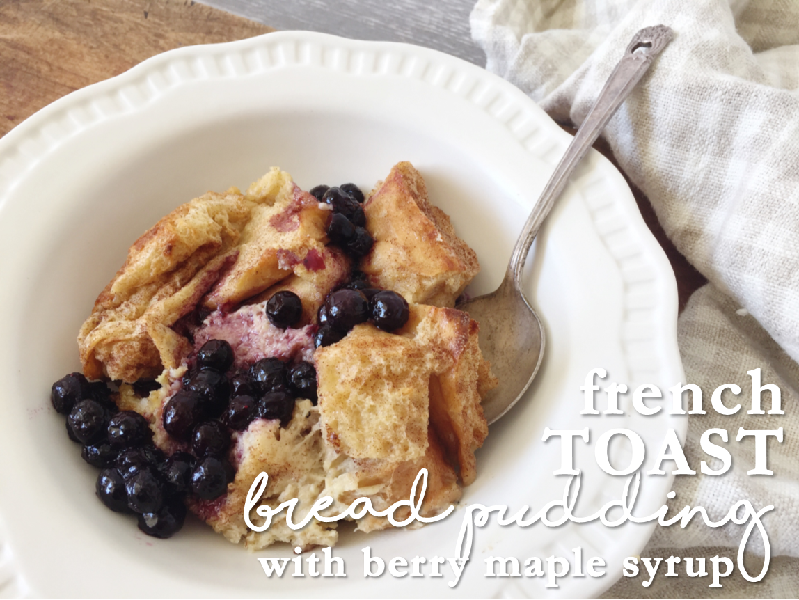 Euna Mae's french toast bread pudding with berry maple syrup