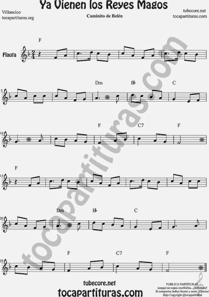 Ya vienen los Reyes Magos Partitura de Flauta Travesera, flauta dulce y flauta de pico con acordes de guitarra o piano Sheet Music for Flute and Recorder Music Scores with chords for guitar