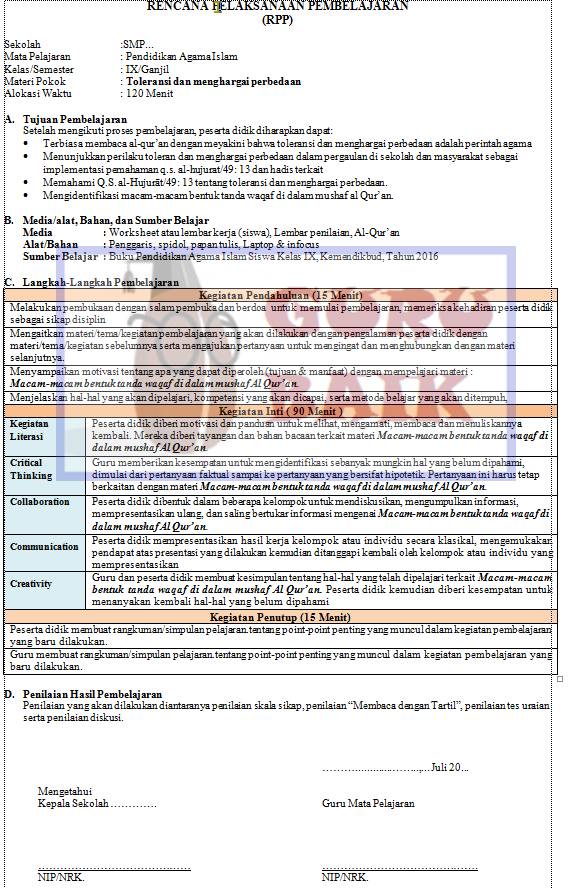 RPP PAI 1 Lembar SMP Kelas 9 Revisi 2020 Guru Baik