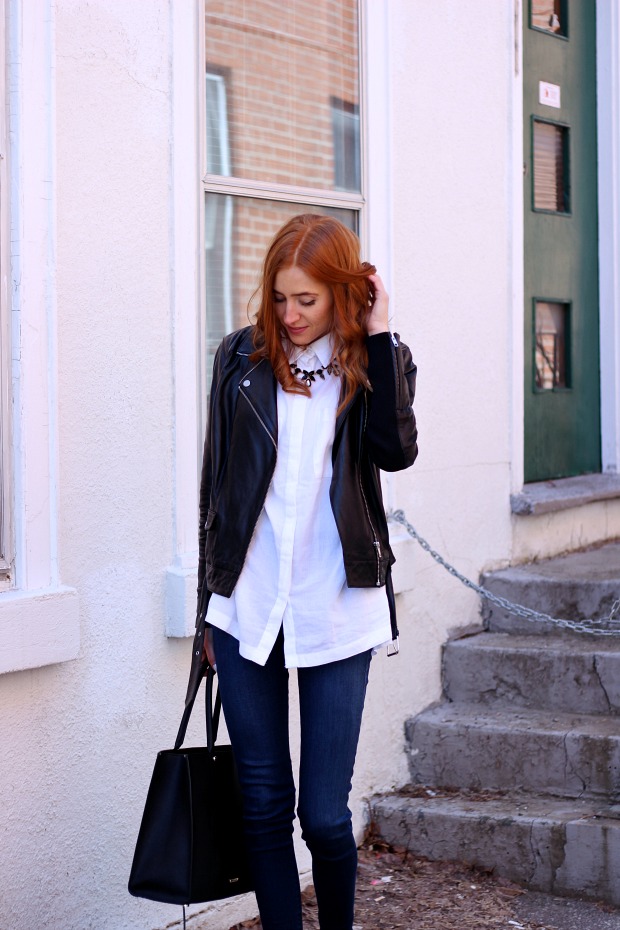 Pastels & Pastries Closet Staples- white blouse, leather jacket, skinny jeans, booties, structured bag