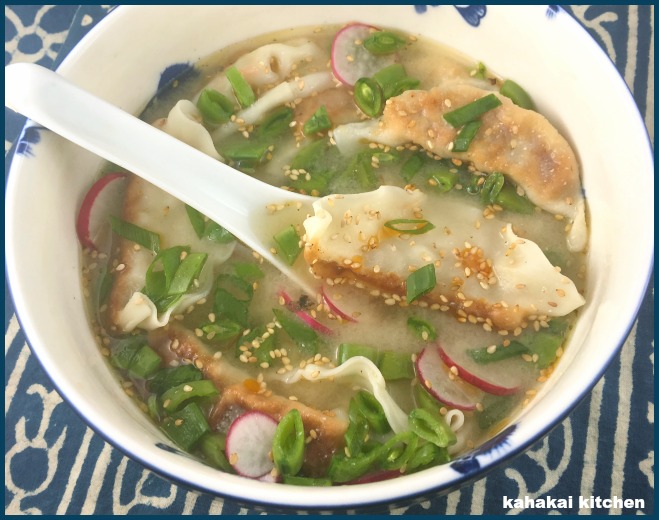 Kahakai Kitchen Easy Miso Potsticker Soup with Crispy Snap Peas