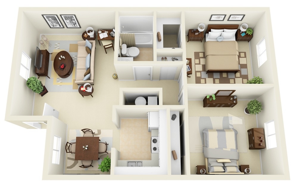 50 3D FLOOR PLANS, LAYOUT DESIGNS FOR 2 BEDROOM HOUSE OR