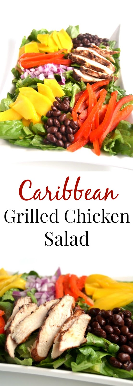 Caribbean Grilled Chicken Salad is made with a flavorful dry-rubbed grilled chicken, juicy mangoes, red peppers and black beans with lime vinaigrette! www.nutritionistreviews.com