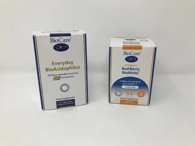 2 BioCare boxes one saying Everyday BioAcidophilus and Red Berry BioMelts