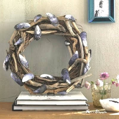 grapevine wreath with driftwood
