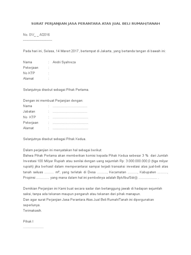 Surat Perjanjian Tanda Jadi Jual Beli Rumah / Surat