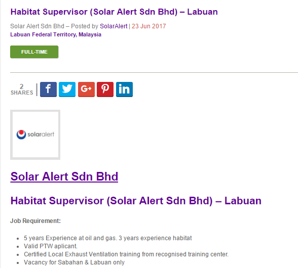 Oil Gas Vacancies Habitat Supervisor Solar Alert Sdn Bhd Labuan