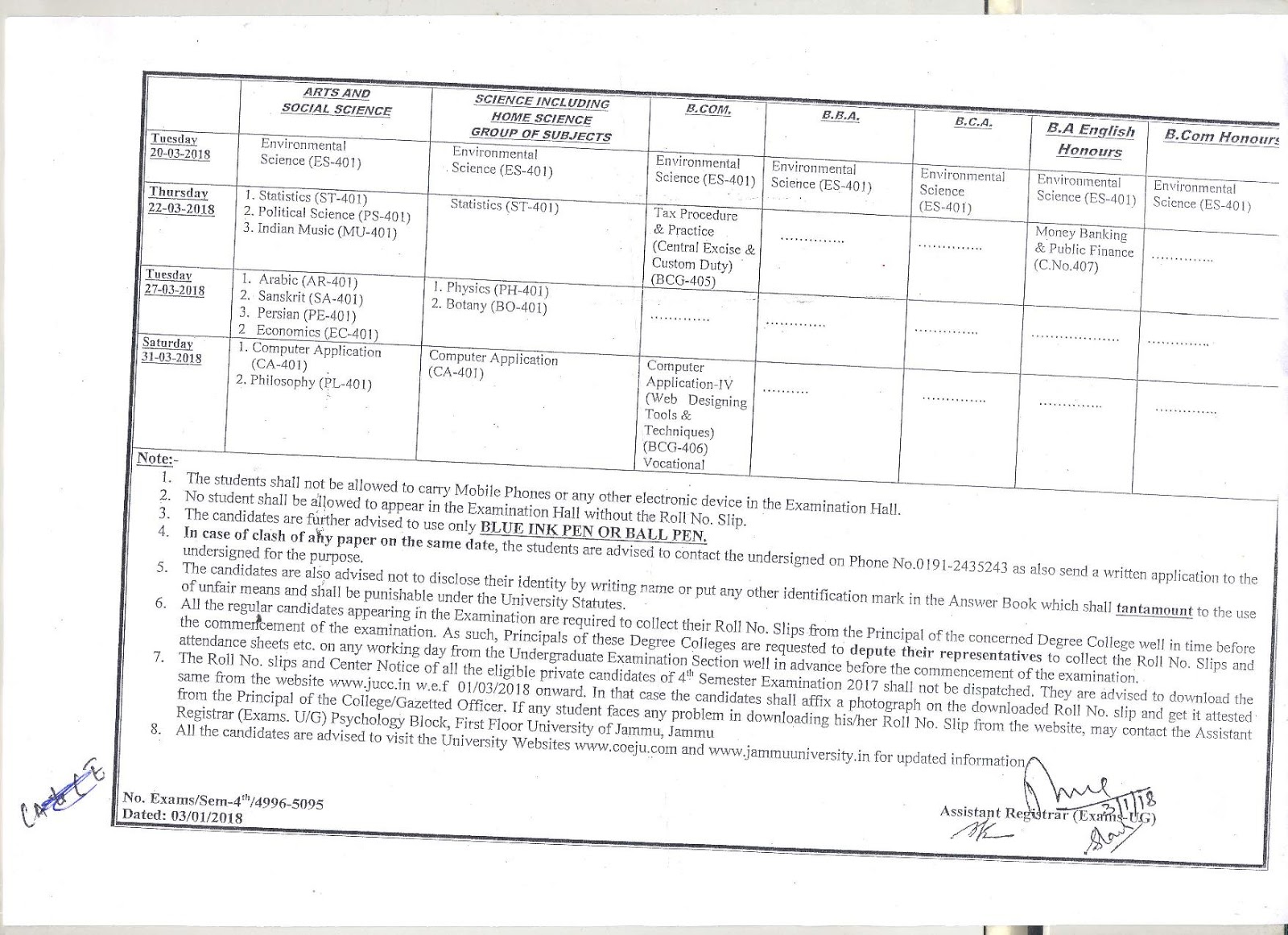 AMENDED DATE SHEET OF 3 YR. BA / B.SC. / B.SC. HOME SC. / / BBA