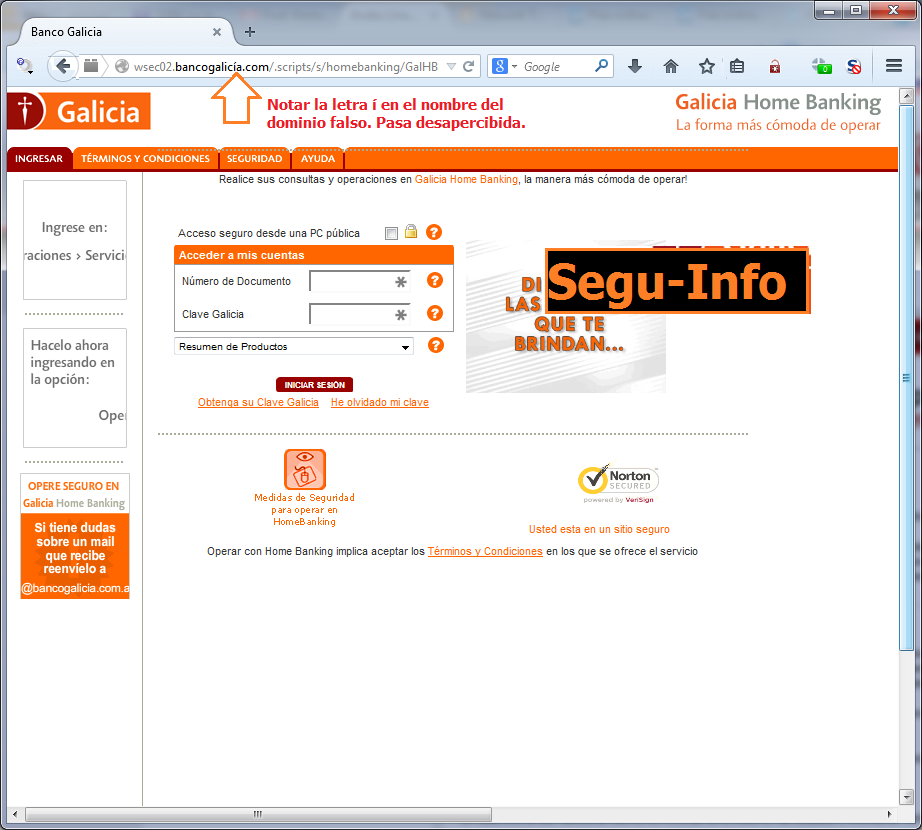 Segu Info Phishing De Banco Galicia Abusa De Nombre De Dominio