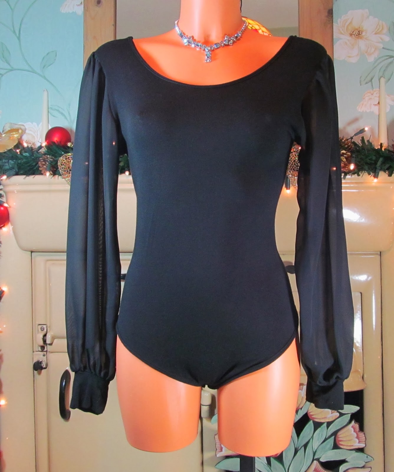 VINTAGE BLACK SOFT STRETCHY LONG SLEEVED LEOTARD ONESIE DANCE ALL IN