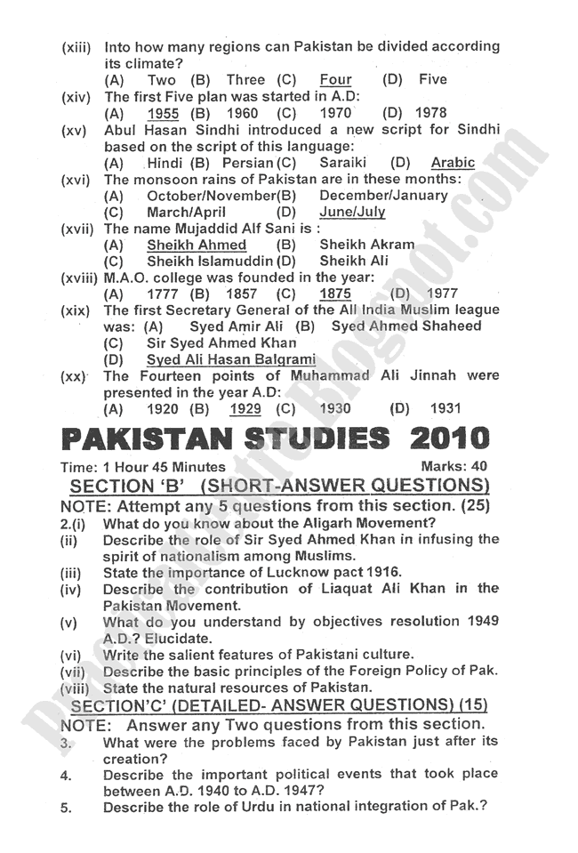 Pakistan-Studies-2010-five-year-paper-class-XII