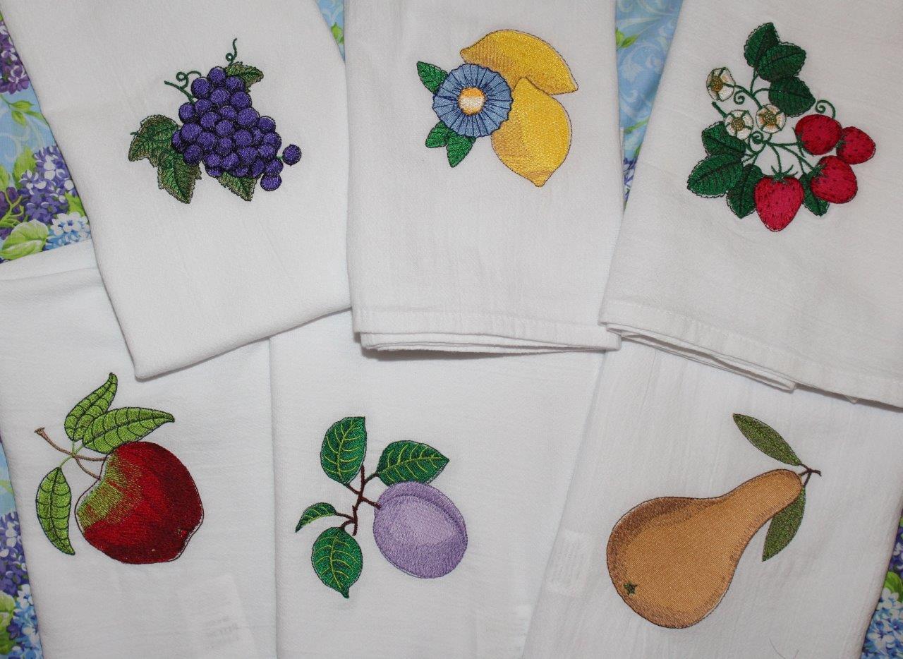 Sarah Lynn's Mitered Corner MachineEmbroidered Fruit on Tea Towels