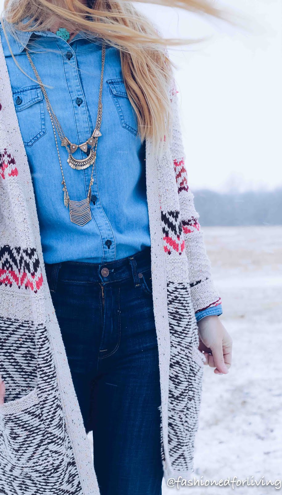 denim on denim outfit with long cardi and cowboy boots