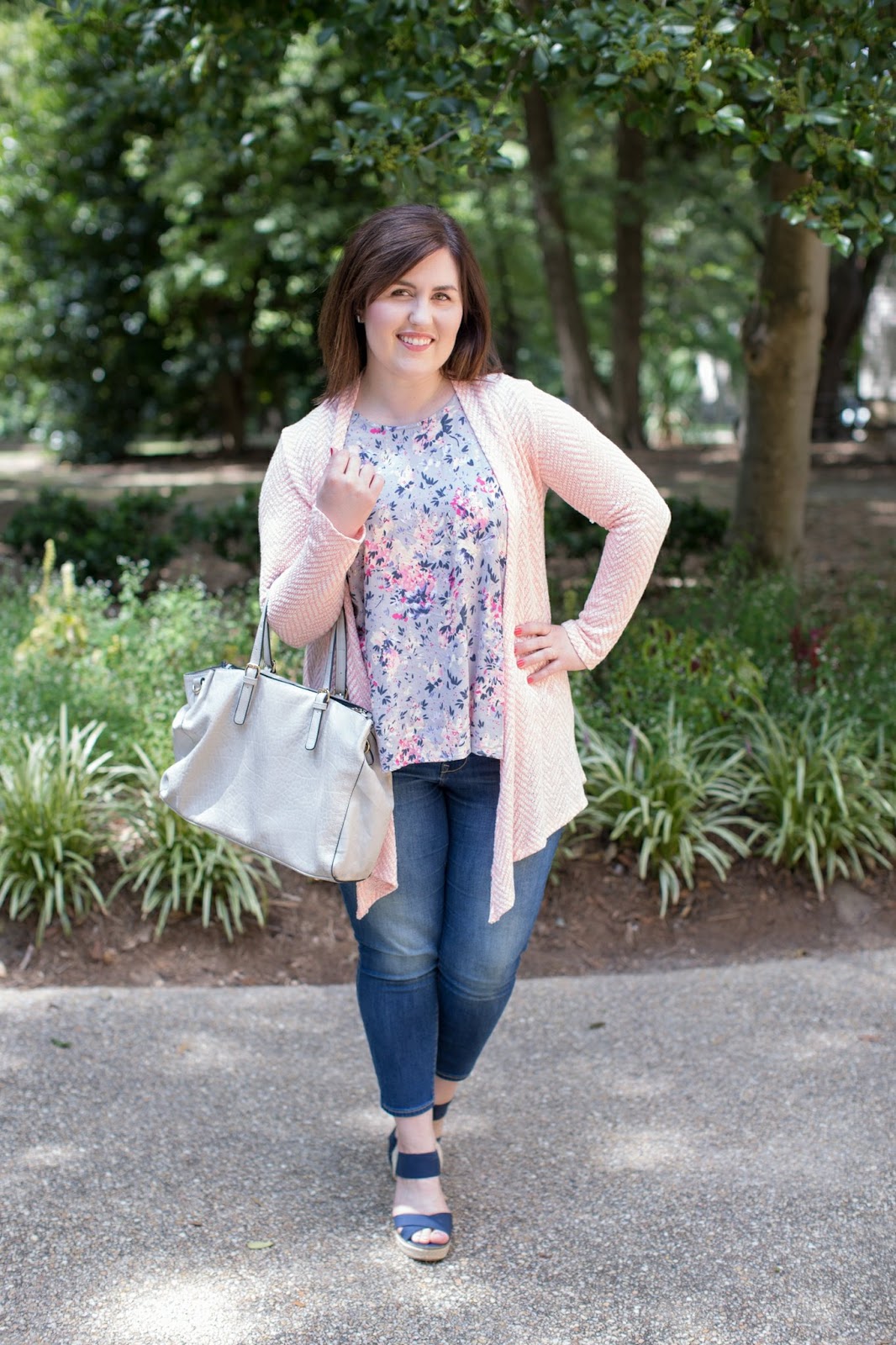 Rebecca Lately Floral Top Pink Chevron Cardigan Old Navy Rockstar Jeans Navy Wedges
