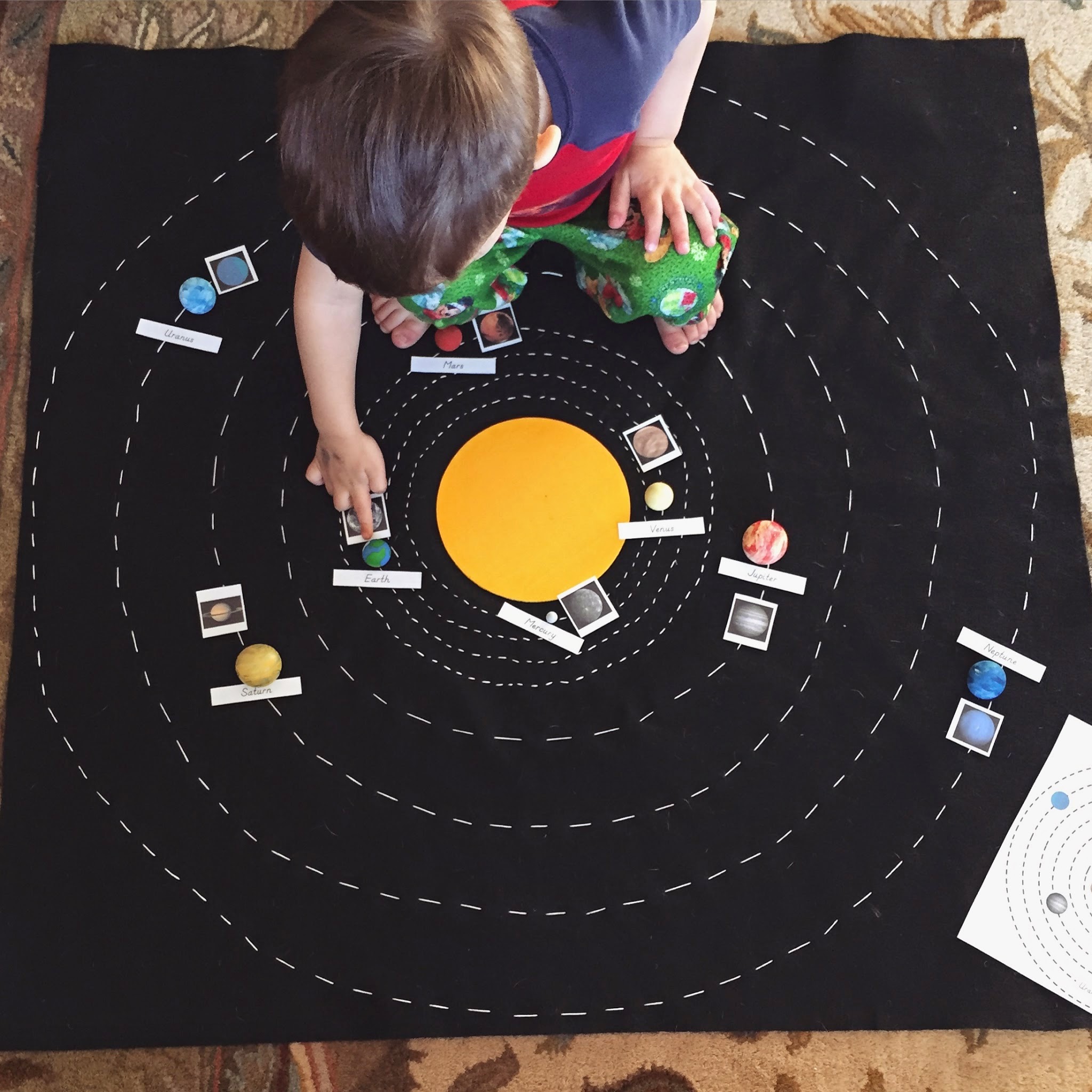 DIY Solar System Map - this Montessori inspired felt map is a great way to teach children about the solar system in a concrete way. With individual planets and orbits children can learn how the solar system is organized as they study it!