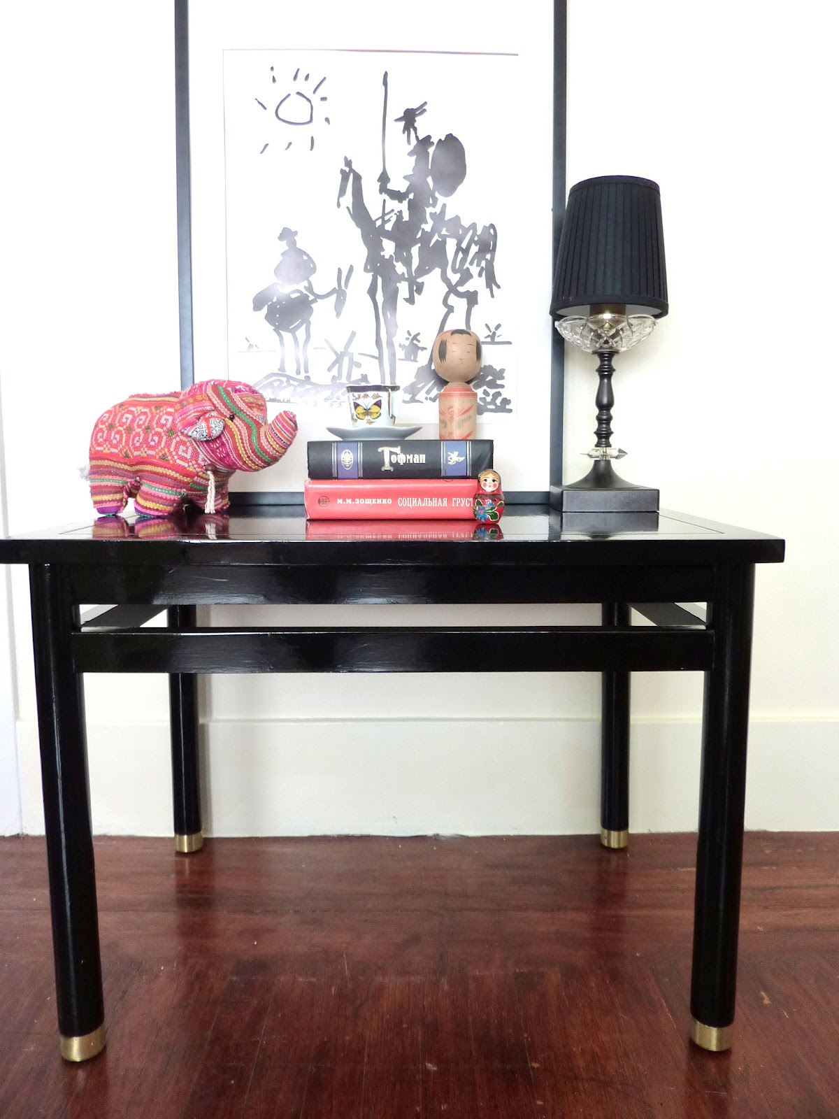 Walrus Vintage Black Laquered Side Table with Brass Feet SOLD