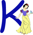 Alfabeto de personajes de Disney con letras azules K.