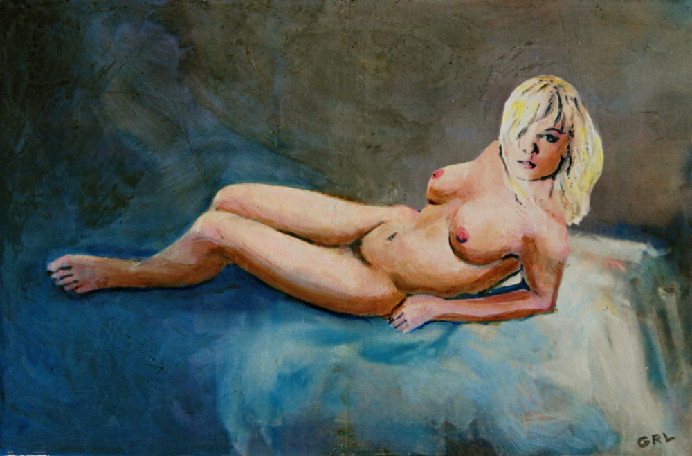 Nikie Reclining With Blue ... an original clasic
traditional/modern multimedia acrylic/oil painting of a
female nude