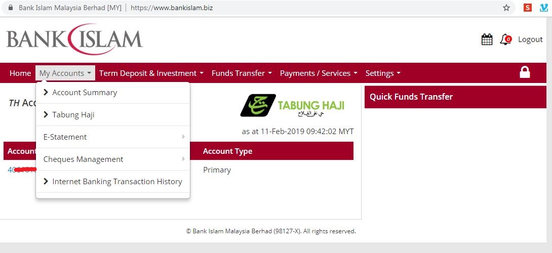 Semak Transaksi Akaun Tabung Haji Guna Bank Islam Online Banking Je