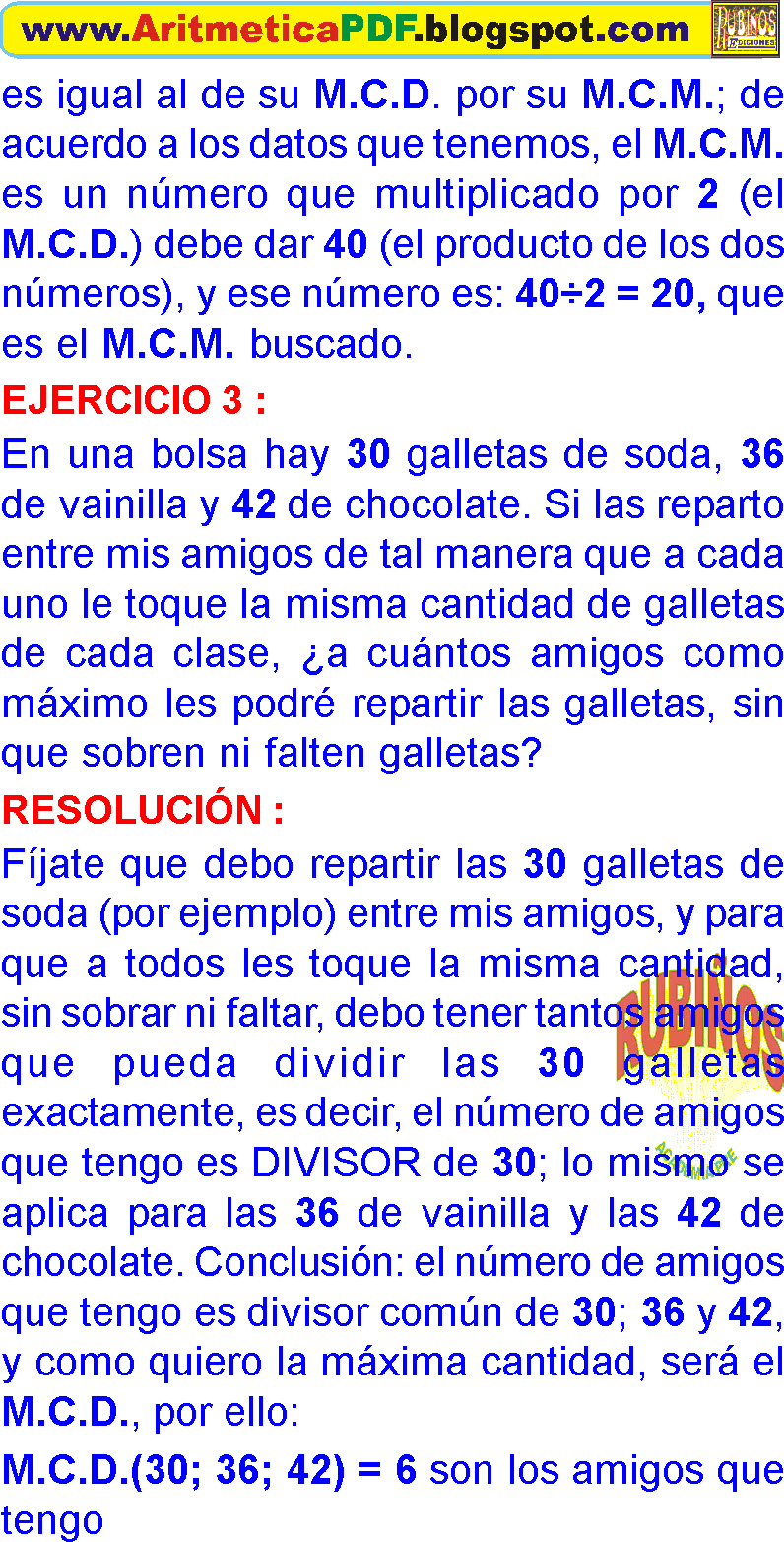 MÁXIMO COMUN DIVISOR Y MÍNIMO COMUN MÚLTIPLO EJERCICIOS RESUELTOS DE