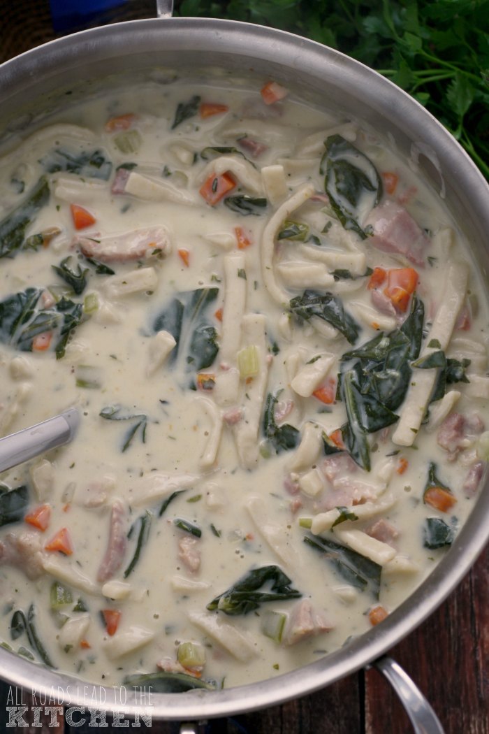 Creamy Ham and Greens Noodle Soup Reames HomemadeGoodness All