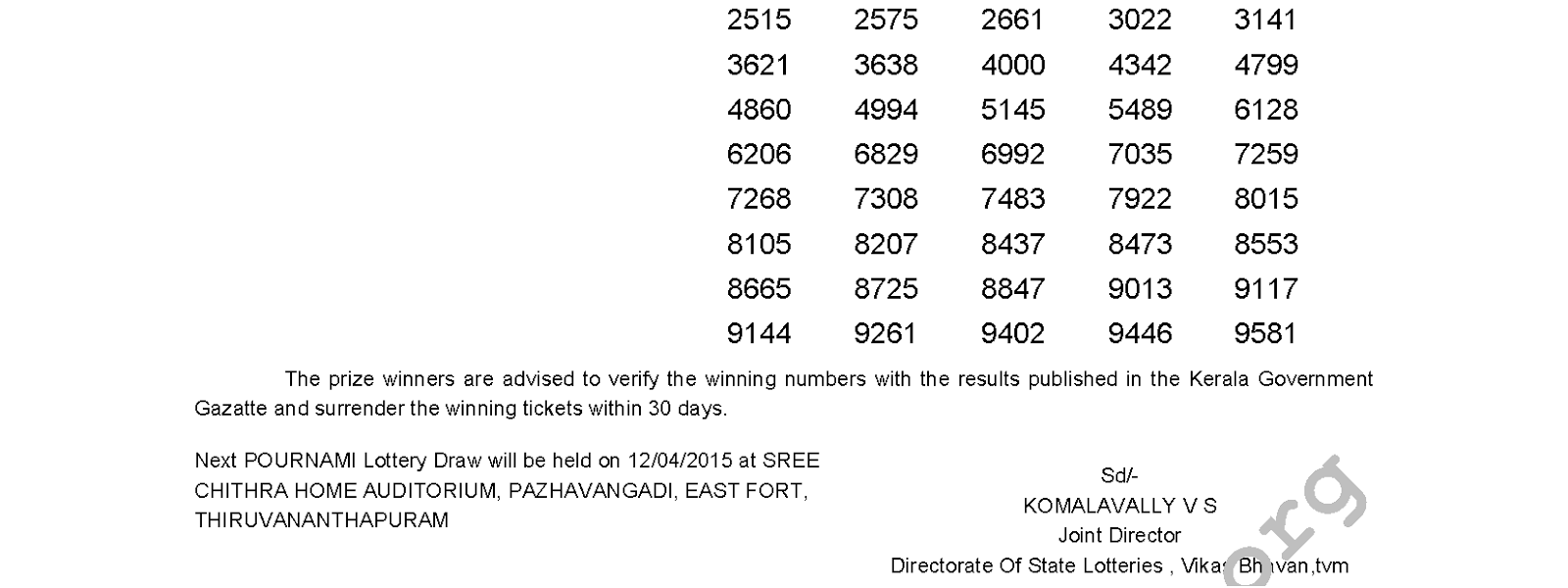 Pournami Lottery RN 179 Result 5-4-2015