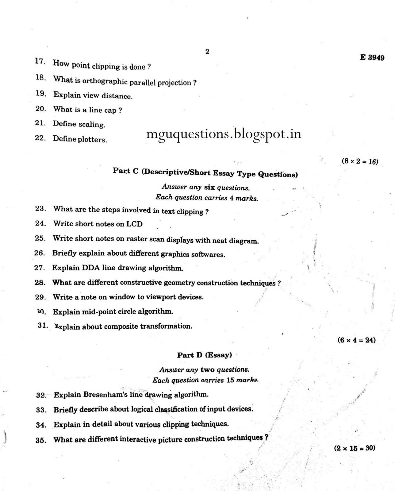mgu BCA degree semester 3 computer graphics 2016 Previous Year Question