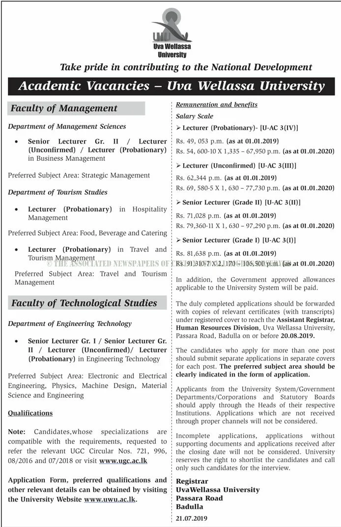 Vacancies at Uva Wellassa University