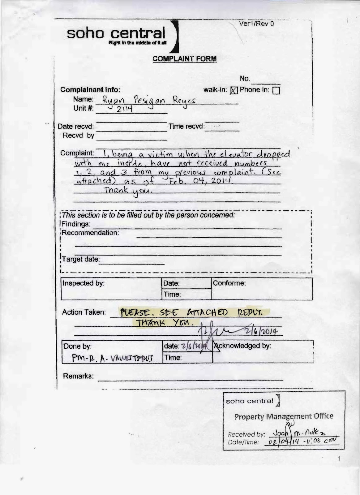 Soho Central Condominium Reply to Elevator Complaint without Requested