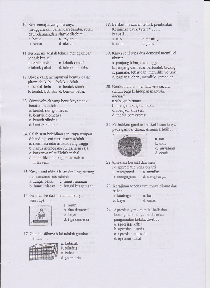 Soal UAS Genap Seni Budaya TP 2015/2016 Kelas 7 dan 8