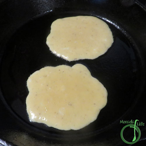 Morsels of Life - Two-Ingredient Pancakes Step 4 - Cook about a quarter cup of batter on a greased pan. I'd recommend going with a smaller than usual amount of batter since these pancakes are a bit more difficult to flip, and a smaller pancake's just a bit easier to work with.