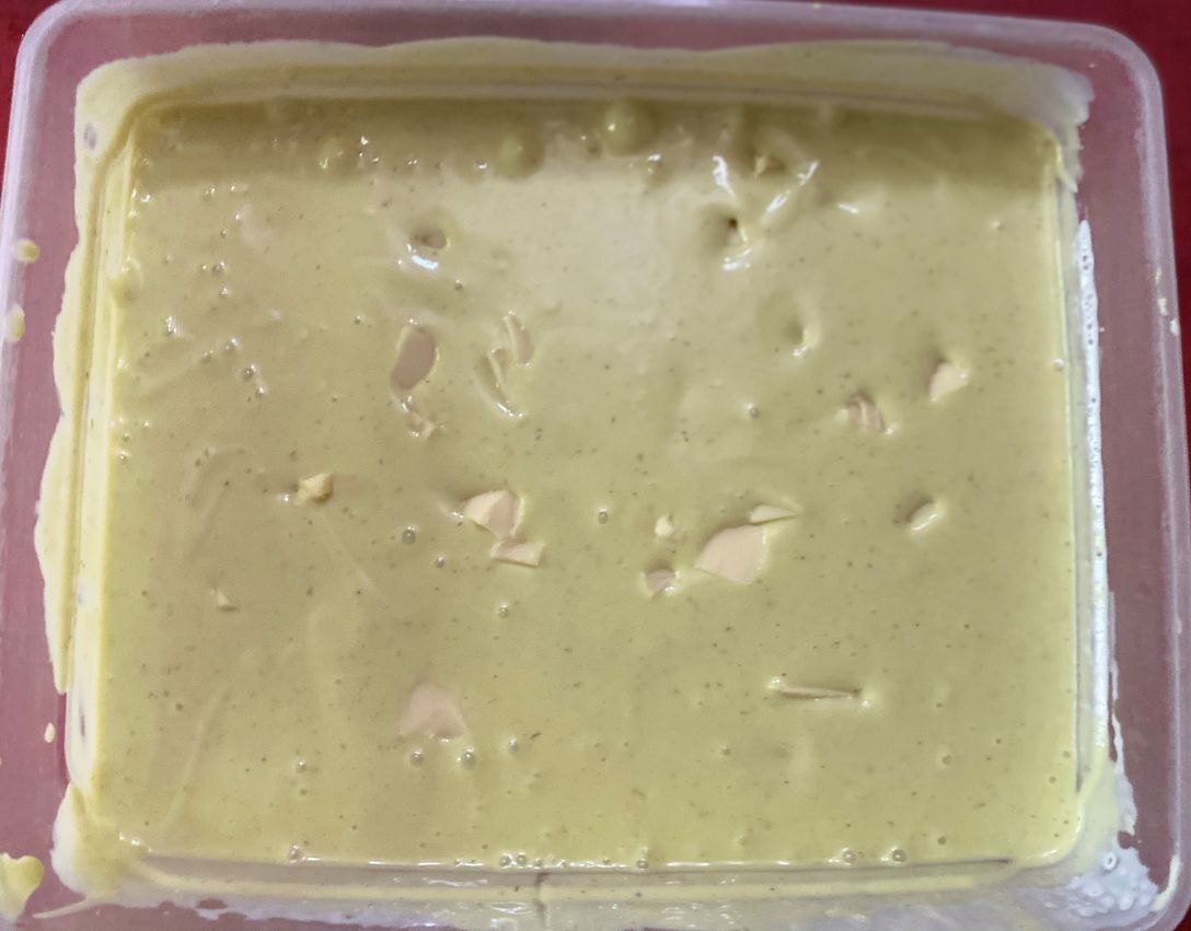 Cheesy avocado ice cream in a container before freezing