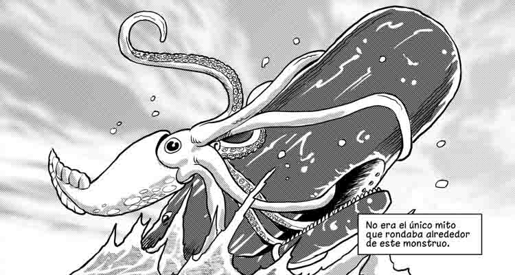 Un calamar gigante luchando contra una ballena en Mocha Dick