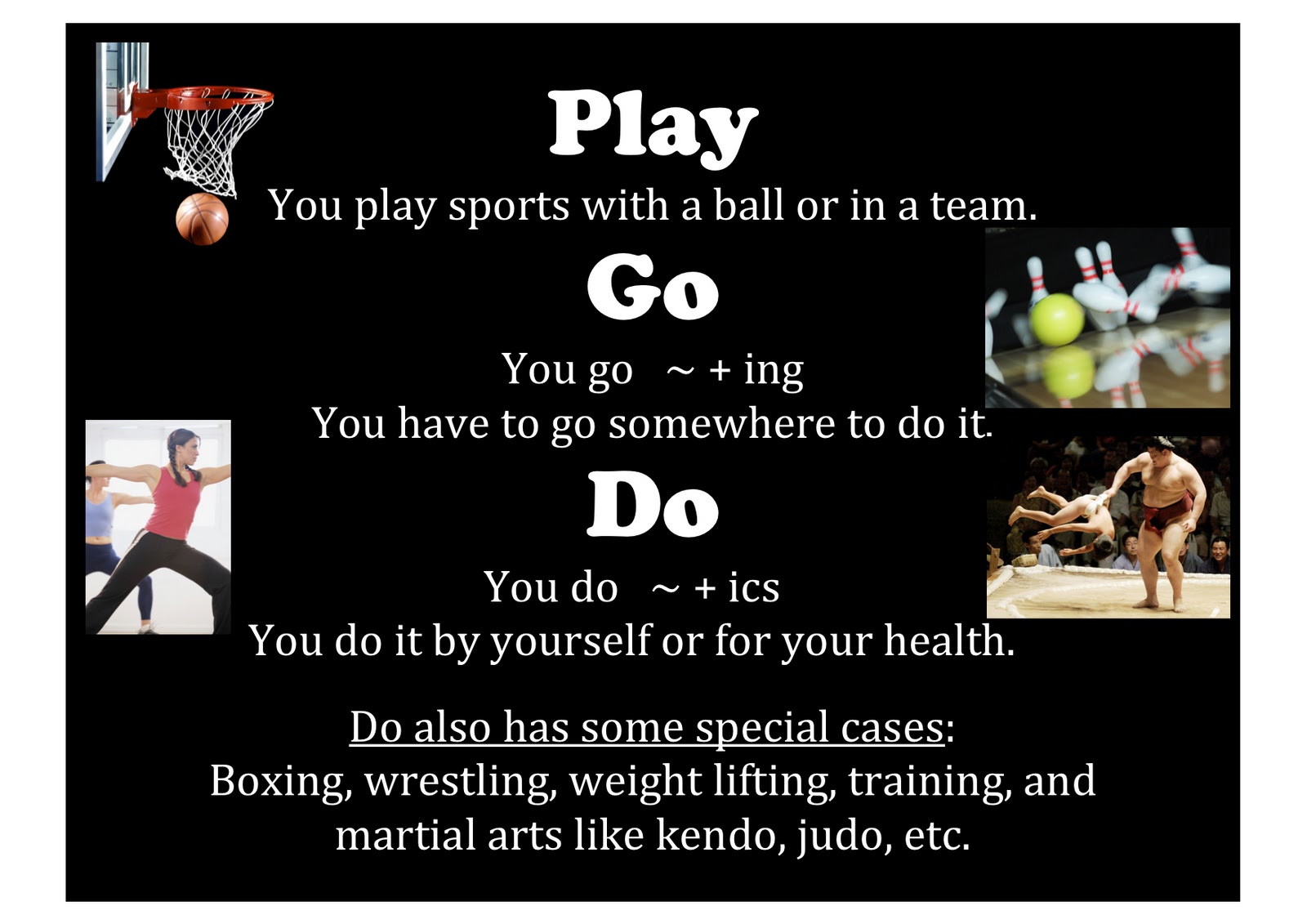 You need to do sports. Play do go Sports. Do Play go с видами спорта. Употребление do go Play с видами спорта. Глаголы с do Play go.