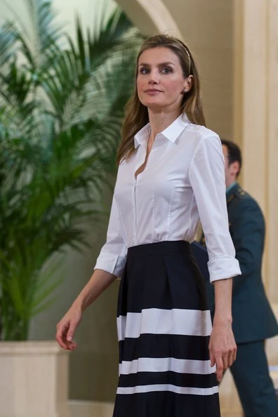 Princess Letizia of Spain attended several audiences at the Zarzuela Palace in Madrid. Style of Princess Letizia