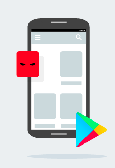 スマホと危険なアプリを示すアイコンと Google Play のアイコンがあるイラスト画像。