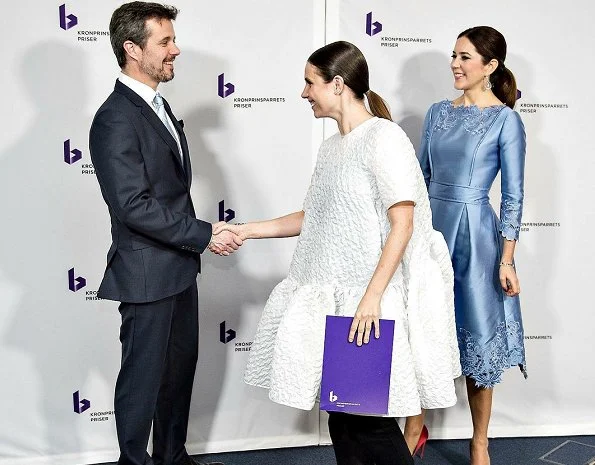 Crown Princess Mary wore Cecilie Bahnsen satin dress and RUPERT SANDERSON Pinka embellished-pebble satin pumps