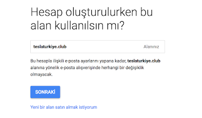 Hesap oluştururken bu alan adı kullanılsın mı