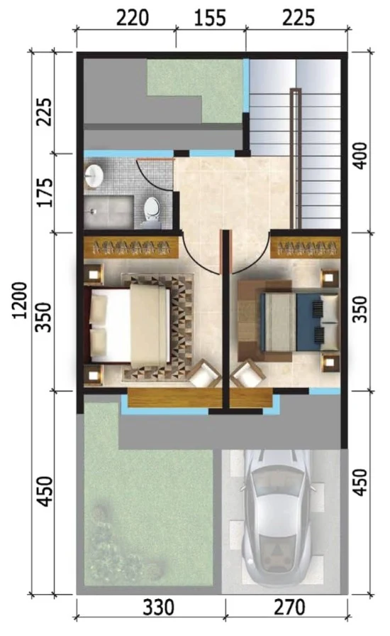 Lingkar Warna 3 Denah Rumah Minimalis Ukuran 6x12 Meter 3 Kamar Tidur 2 Lantai Tampak Depan