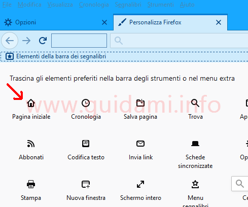 Firefox pulsante Pagina iniziale in schermata Personalizza