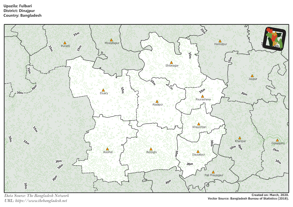 Phulbari Upazila Elevation Map Dinajpur District Bangladesh