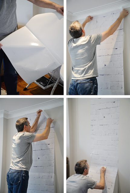 installing removable wallpaper | whitewashed brick | Ramblingrenovators.ca