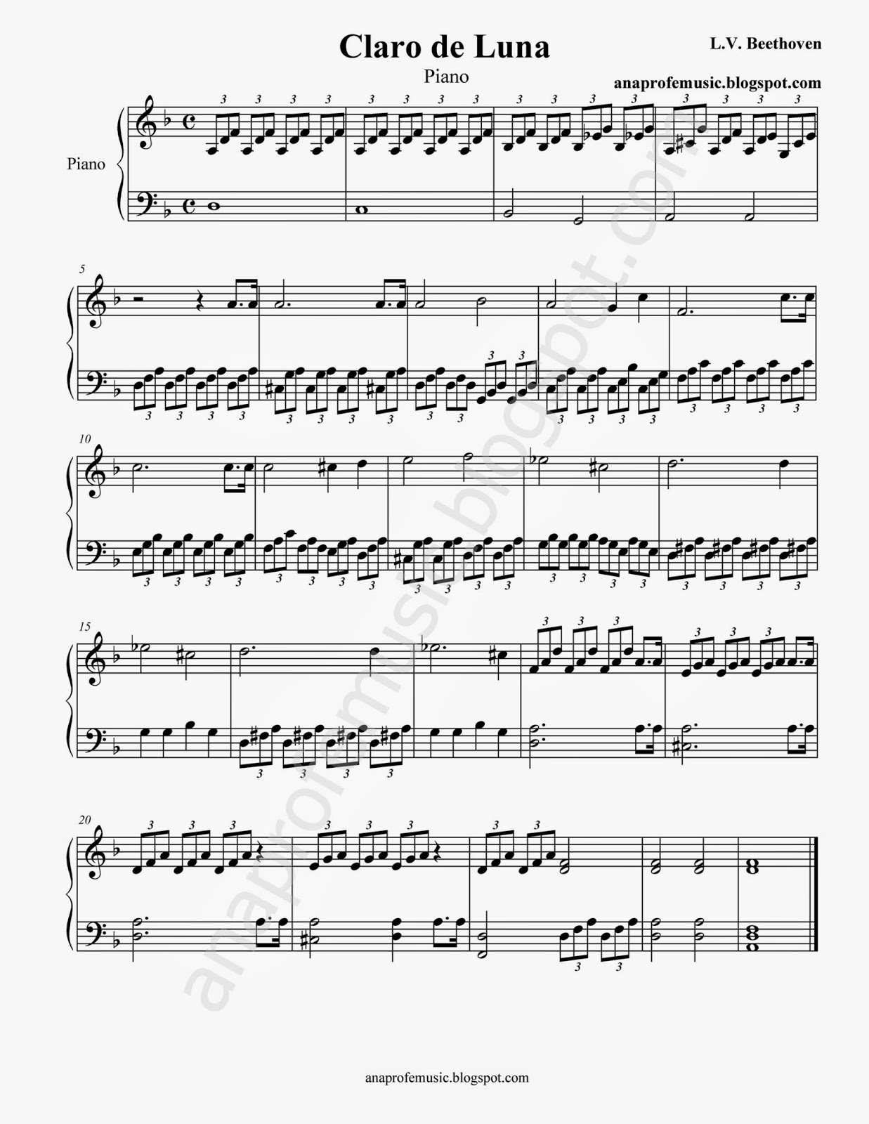 Ordinario oído mano AnaProfeMusic: Partitura Sonata Claro de Luna - Piano fácil -