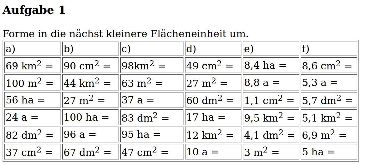 Mathe ist einfach: Aufgaben Flächenumrechnung Blatt 1